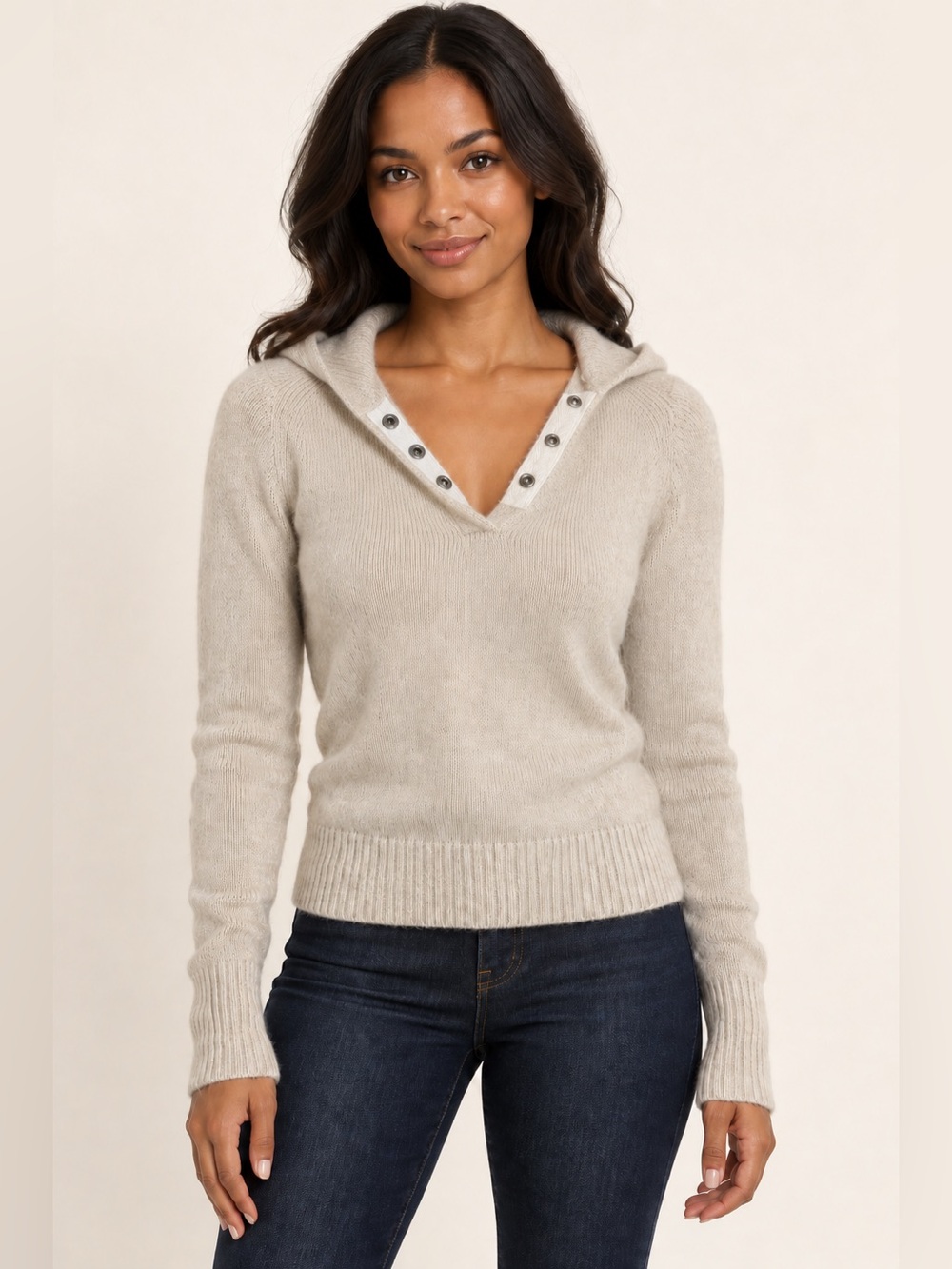 Armani Exchange Sweater Womens XS Beige Mohair Blend Hooded Knit Pullover
